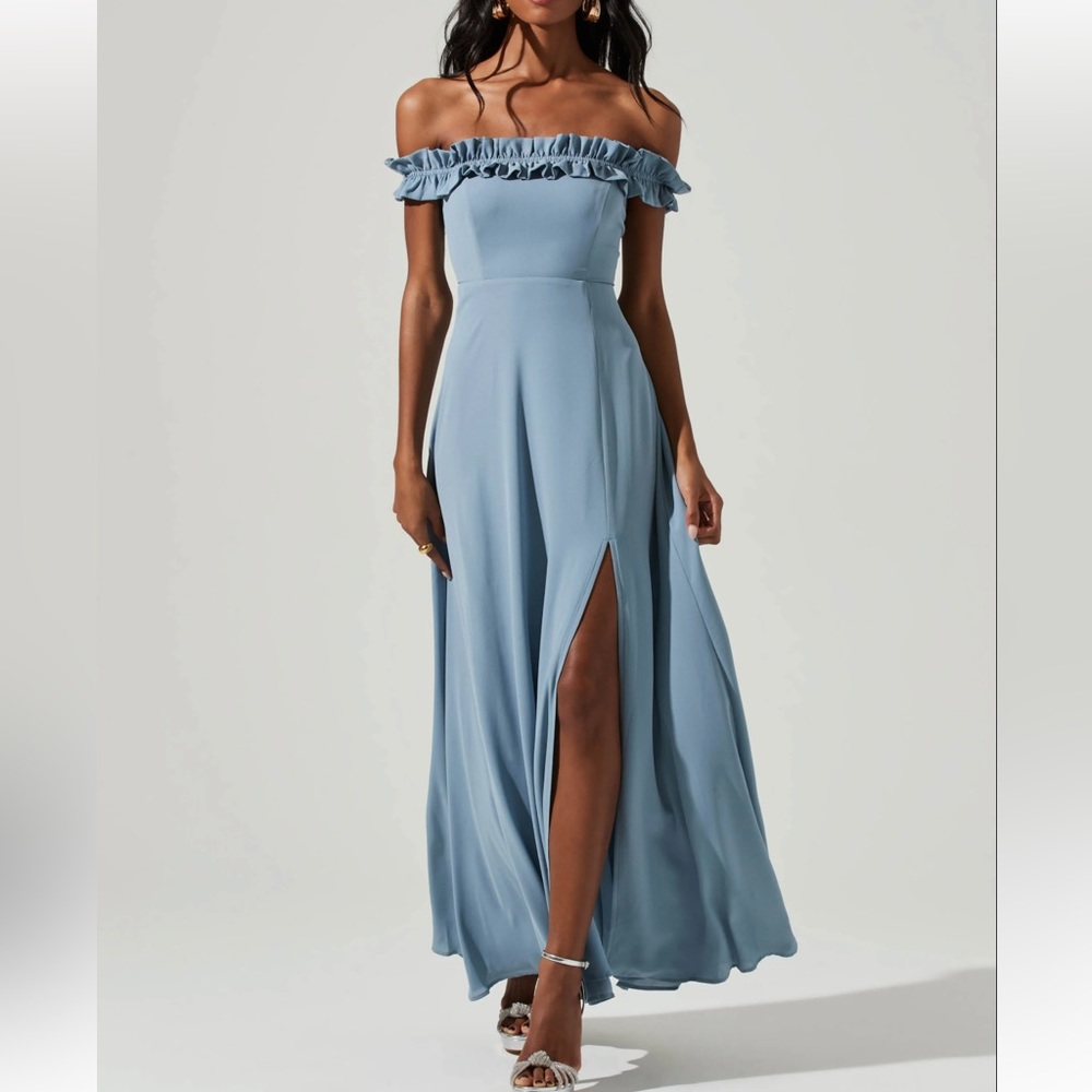 ASTR VENETIA OFF SHOULDER RUFFLE TRIM MAXI DRESS